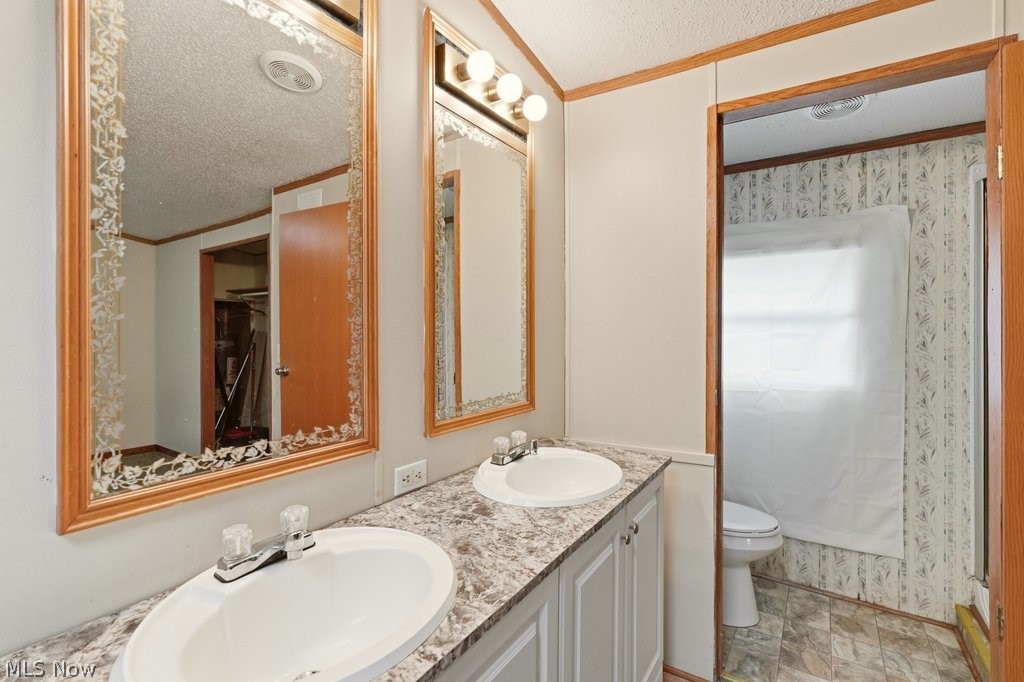 6507 Robby Lane Ravenna, OH 44266 - Photo 17 of 25 Bathroom with a textured ceiling, crown molding, double vanity, and a shower with curtain