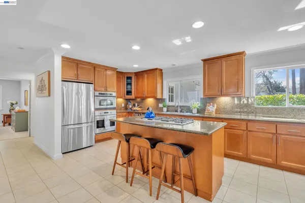 a kitchen with stainless steel appliances granite countertop a stove a sink a refrigerator and a refrigerator