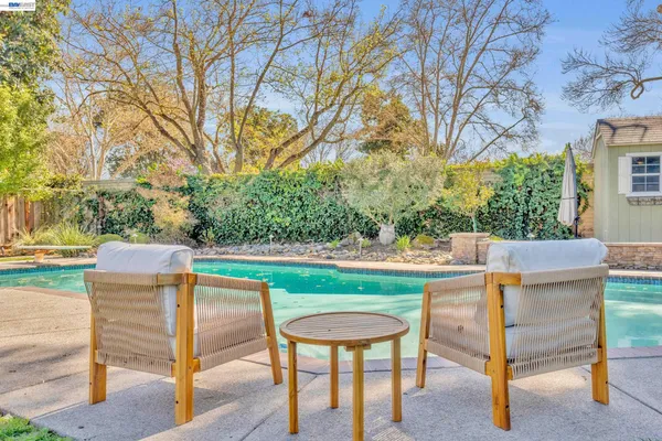 a view of a backyard with table and chairs potted plants and large tree