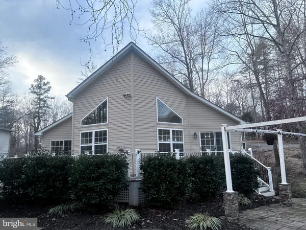 a view of a yard with large trees