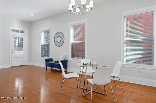 a view of a dining room with furniture and wooden floor