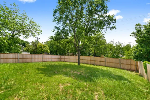 a view of a backyard with a swing and plants