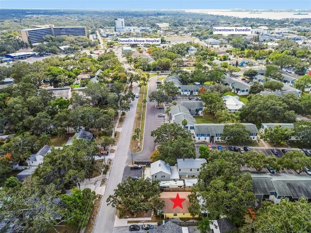 an aerial view of residential houses with city view