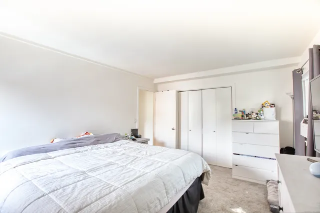 a bedroom with a bed and a cabinets