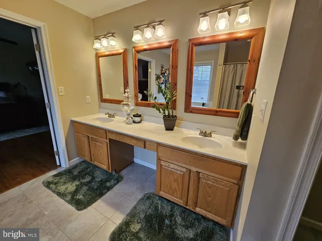 a bathroom with a double vanity sink a mirror and a bathtub