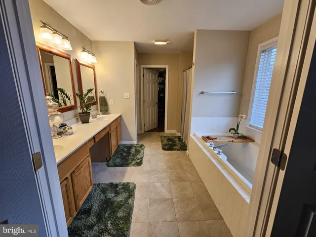 a bathroom with a tub a sink a mirror and a shower