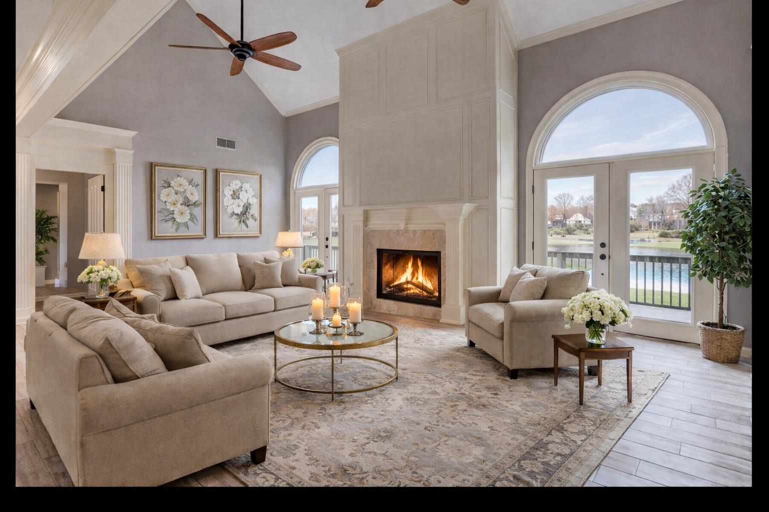 608 Roxburgh Drive Collierville, TN 38017 - Photo 5 of 40 Living room featuring ceiling fan, wood finished floors, lofted ceiling, a premium fireplace, and ornamental molding