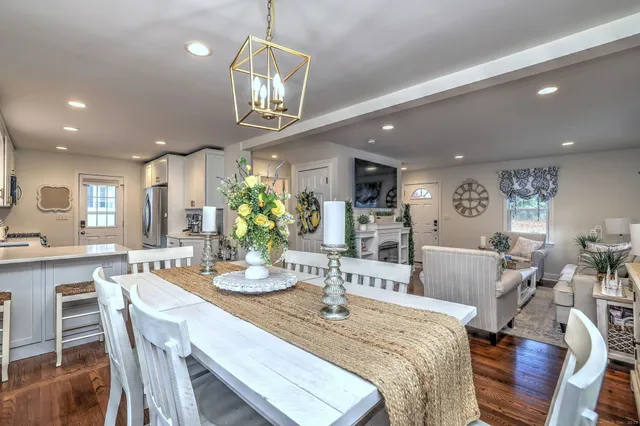 a view of a dining room with furniture