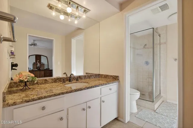 a bathroom with a granite countertop sink a toilet and shower