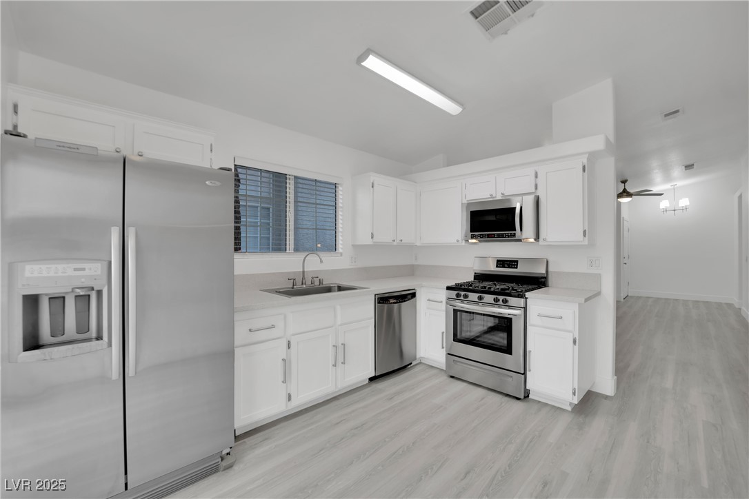 2218 Ramsgate Drive Henderson, NV 89074 - Photo 18 of 33 Kitchen with light countertops, visible vents, appliances with stainless steel finishes, white cabinetry, and a sink
