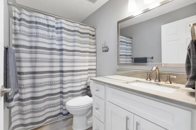 a bathroom with a sink a toilet and shower curtain