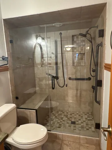 a bathroom with a shower and toilet