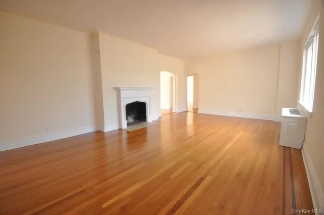 a view of empty room with wooden floor and fireplace