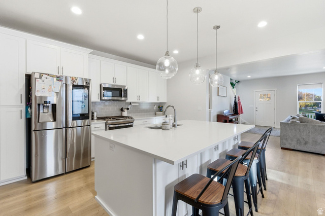 1038 South Old Towne Road Layton, UT 84041 - Photo 8 of 39 Contemporary kitchen featuring an expansive island with seating, white shaker cabinetry, stainless steel appliances, and wood-finish flooring