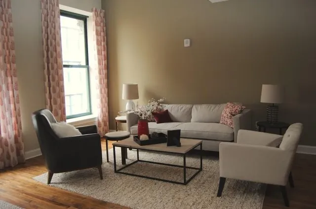 a view of a dining room with furniture
