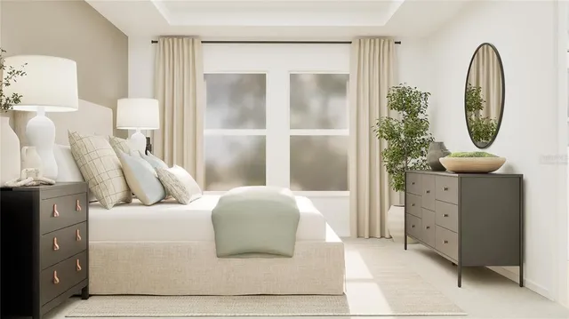 a living room with furniture and a mirror