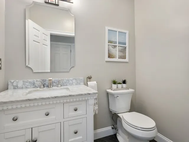 a bathroom with a sink toilet vanity and mirror