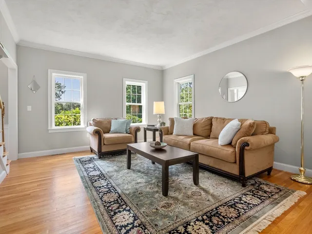 a living room with furniture and a rug