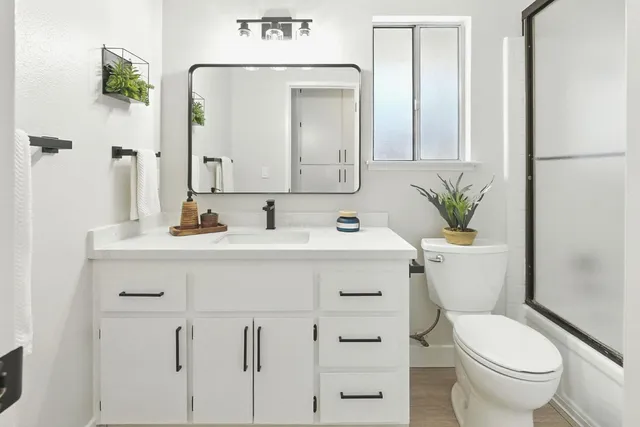 a bathroom with a sink a toilet and mirror
