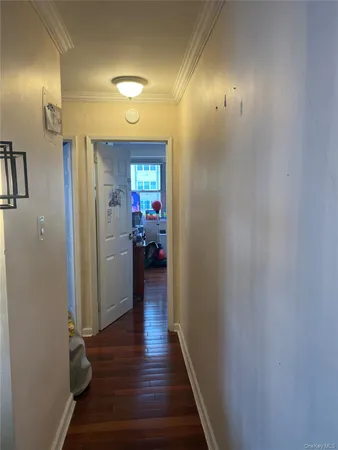 a view of a hallway with wooden floor and a livingroom with couch