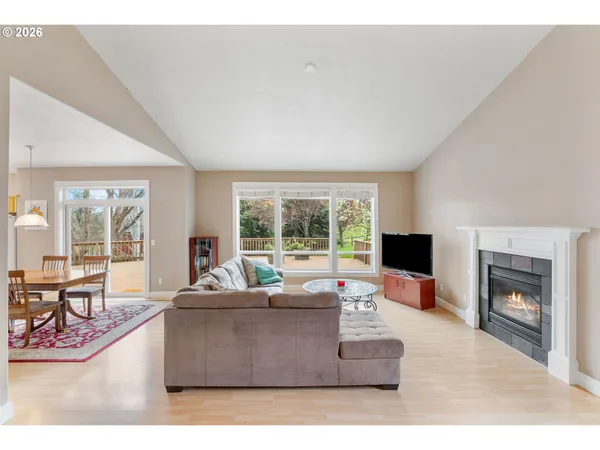 a living room with fireplace furniture and a flat screen tv