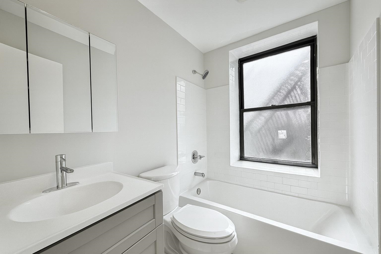 103 Bostwick Avenue, Unit 3A Jersey City, NJ 07305 - Photo 11 of 18 a bathroom with a toilet a sink a mirror a window and vanity