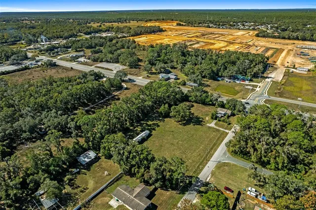 an aerial view of residential houses with outdoor space and trees