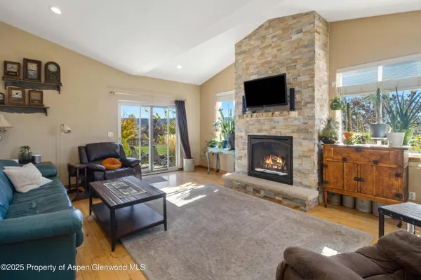 a living room with furniture a flat screen tv and a fireplace