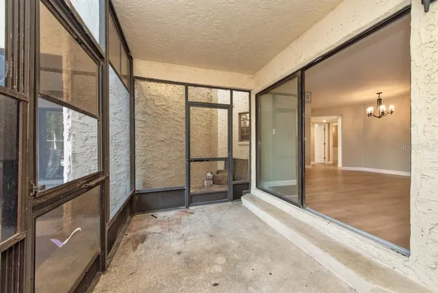 an outdoor space with furniture