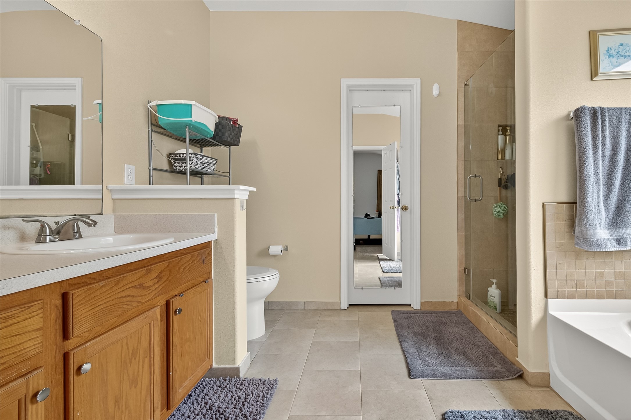 8311 Tartan Court Rosharon, TX 77583 - Photo 36 of 48 a spacious bathroom with a granite countertop sink and a mirror