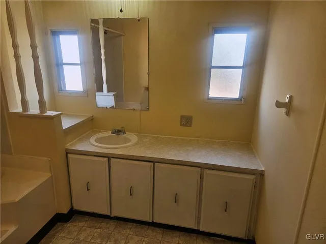a bathroom with a sink and a mirror