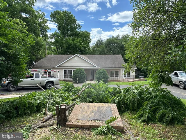 a view of a house with a small yard and large tree