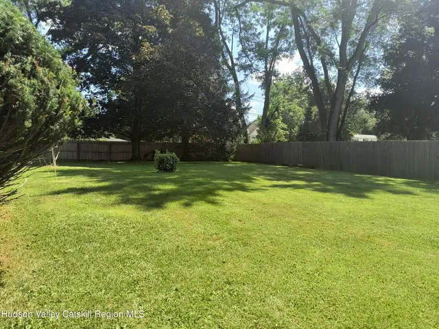 a view of a backyard with large trees