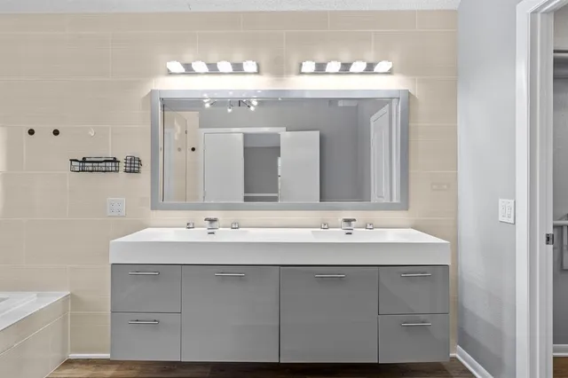 a bathroom with a sink and a mirror