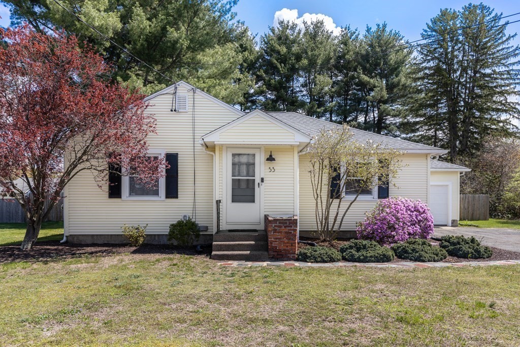 a front view of house with yard and trees around