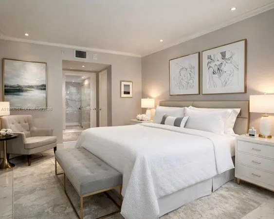 a spacious bedroom with a bed and a couch