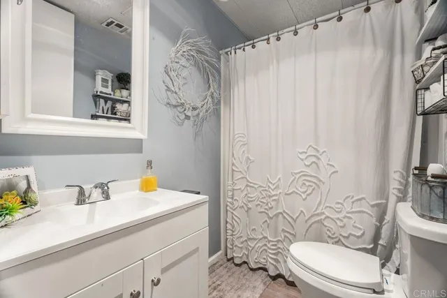 a bathroom with a sink a toilet and shower curtain