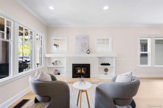 a living room with furniture potted plant and a fireplace