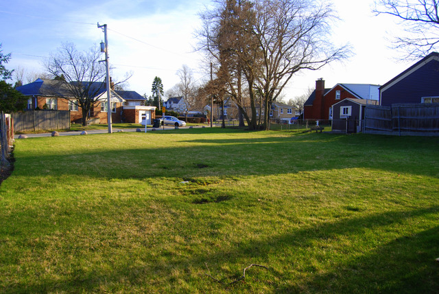 a view of a town with large trees and a big yard