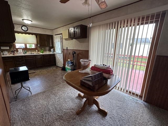 30 Fir Circle Babbitt, MN 55706 - Photo 17 of 27 Kitchen featuring dark brown cabinets, light countertops, ceiling fan, wainscoting, and a textured ceiling