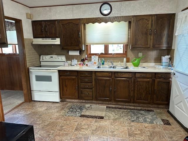 30 Fir Circle Babbitt, MN 55706 - Photo 8 of 27 Kitchen featuring white range with electric cooktop, light countertops, dark brown cabinets, under cabinet range hood, and backsplash