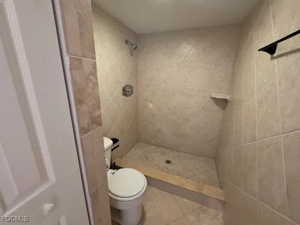 a bathroom with a shower and a toilet