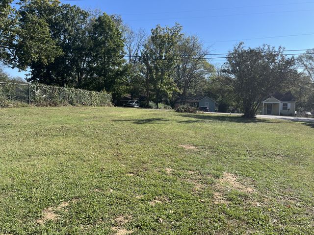 a view of a field with trees in the background