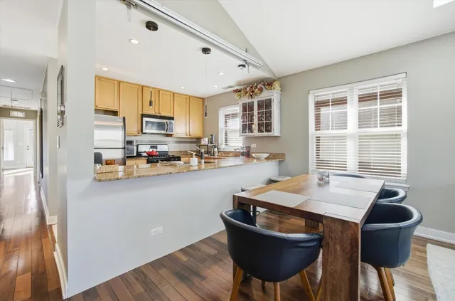 a large room with cabinets