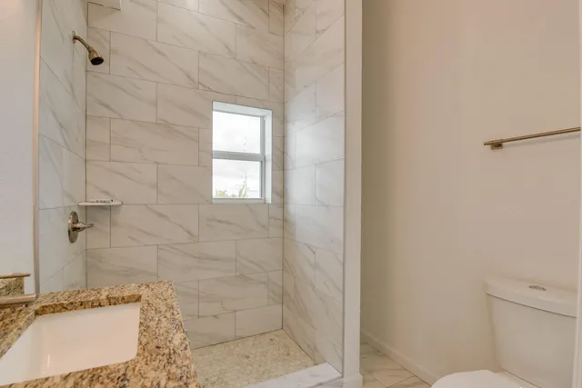 a bathroom with a granite countertop sink a toilet and shower