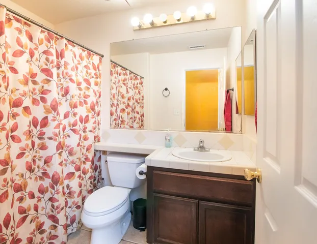 a bathroom with a sink toilet and mirror