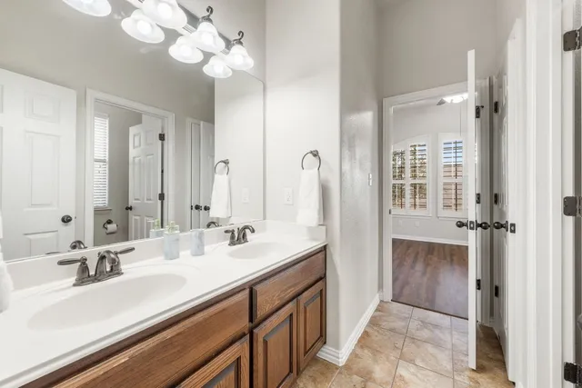 a bathroom with a double vanity sink a mirror and a shower