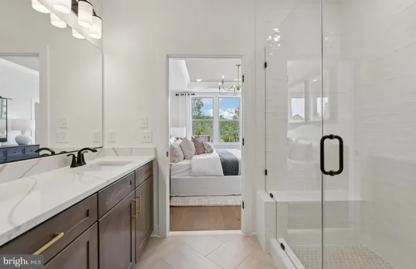 a bathroom with a shower and toilet