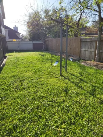 a backyard of a house with plants and large tree