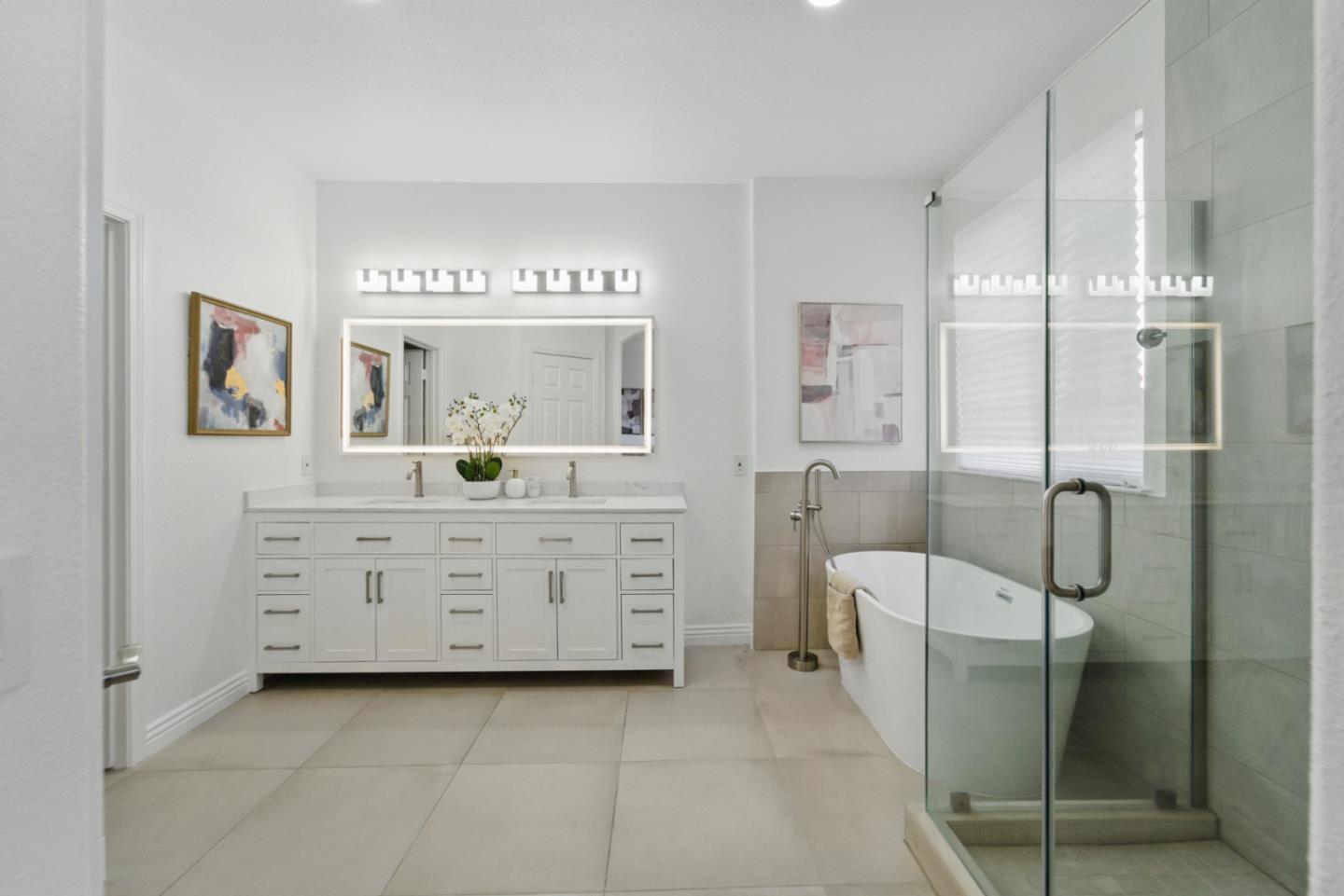 560 Villa Centre Way San Jose, CA 95128 - Photo 18 of 31 a bathroom with a granite countertop sink mirror and a shower
